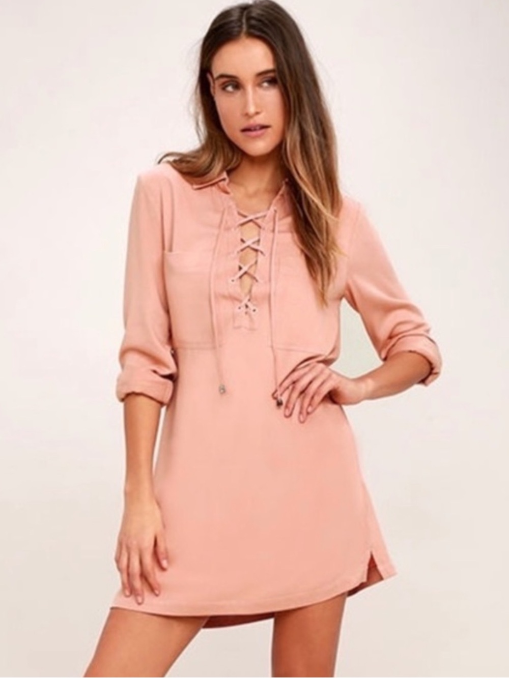 Lulu’s Best of All Blush Pink Long Sleeve Lace-Up Dress Size Medium